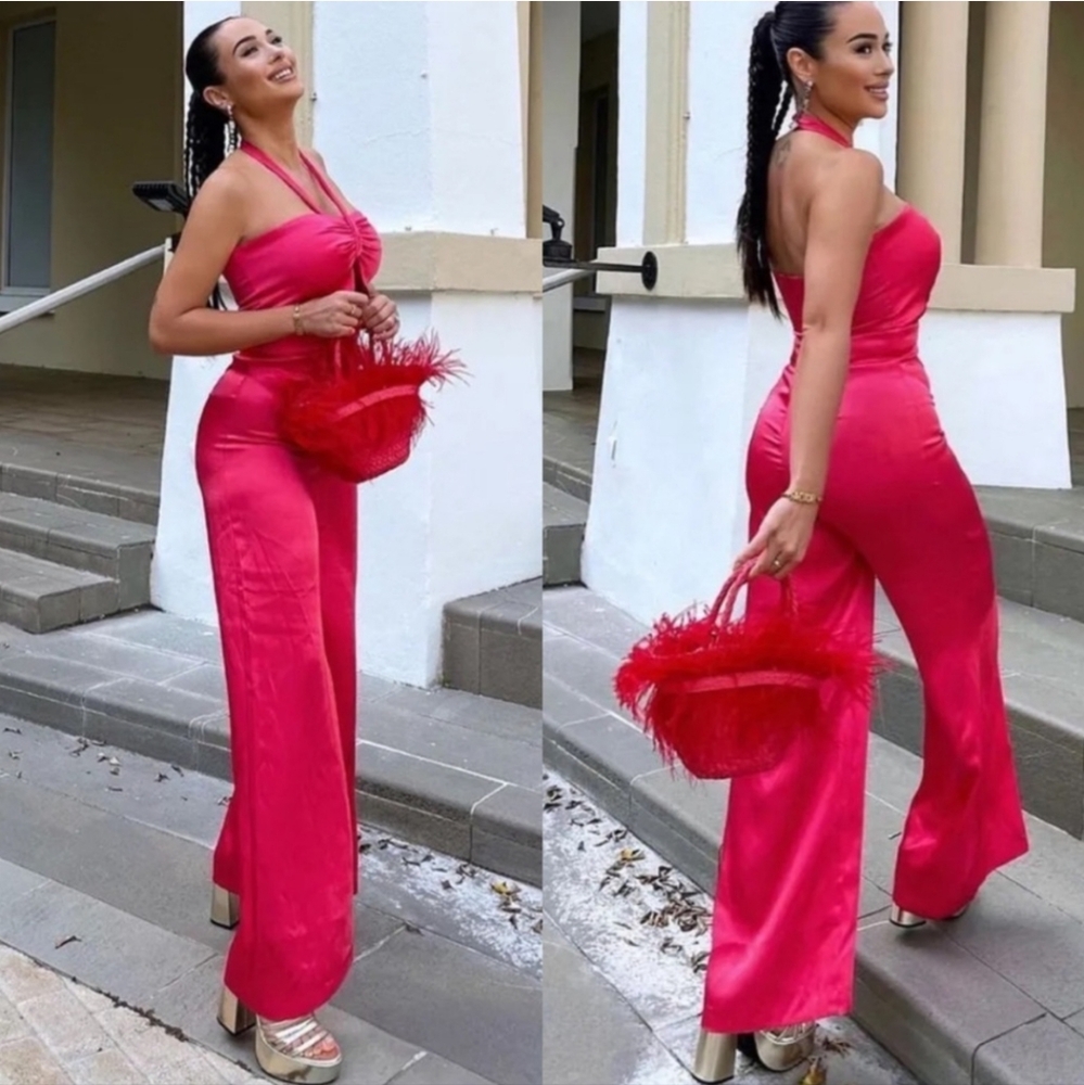Zara Satin Effect Cut Out Halter Wide Leg Jumpsuit Red XS